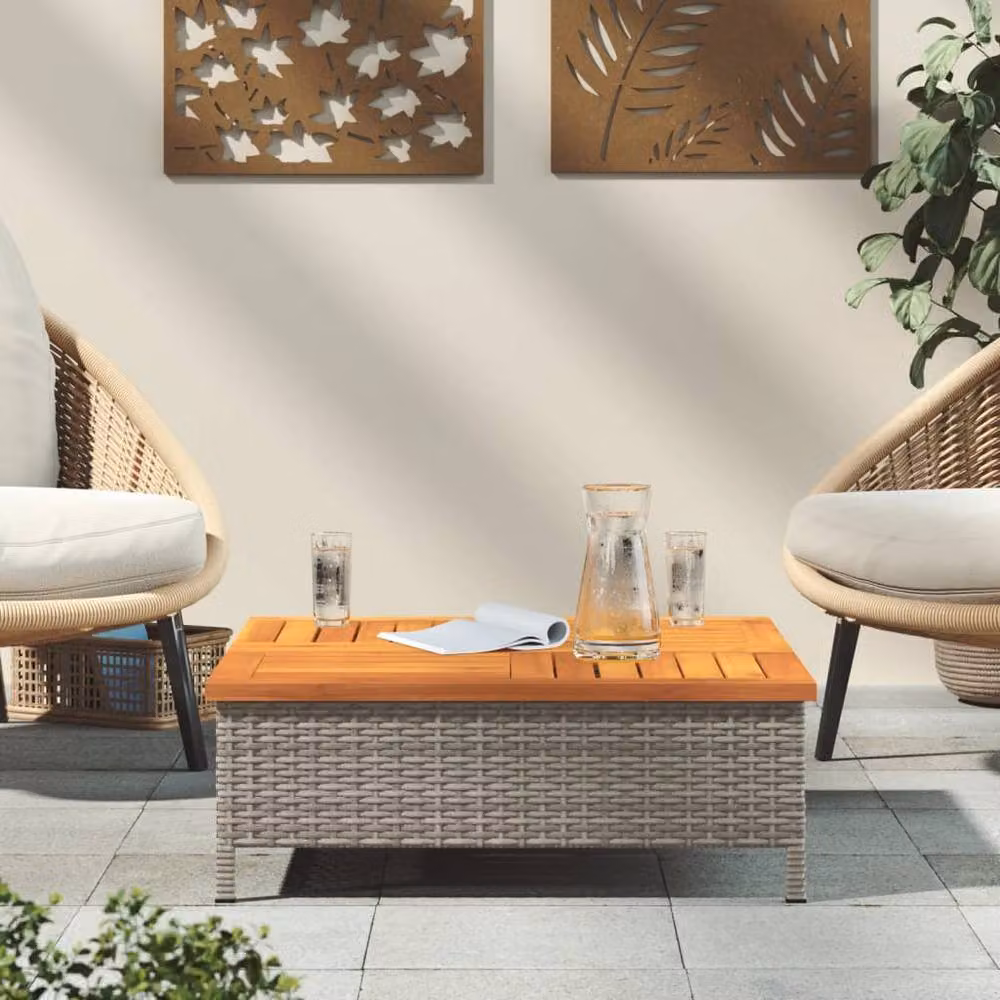 Berkfield Home Grey Rattan and Acacia Wood Garden Table, W/D/H: 70 x 70 x 25 cm – 3