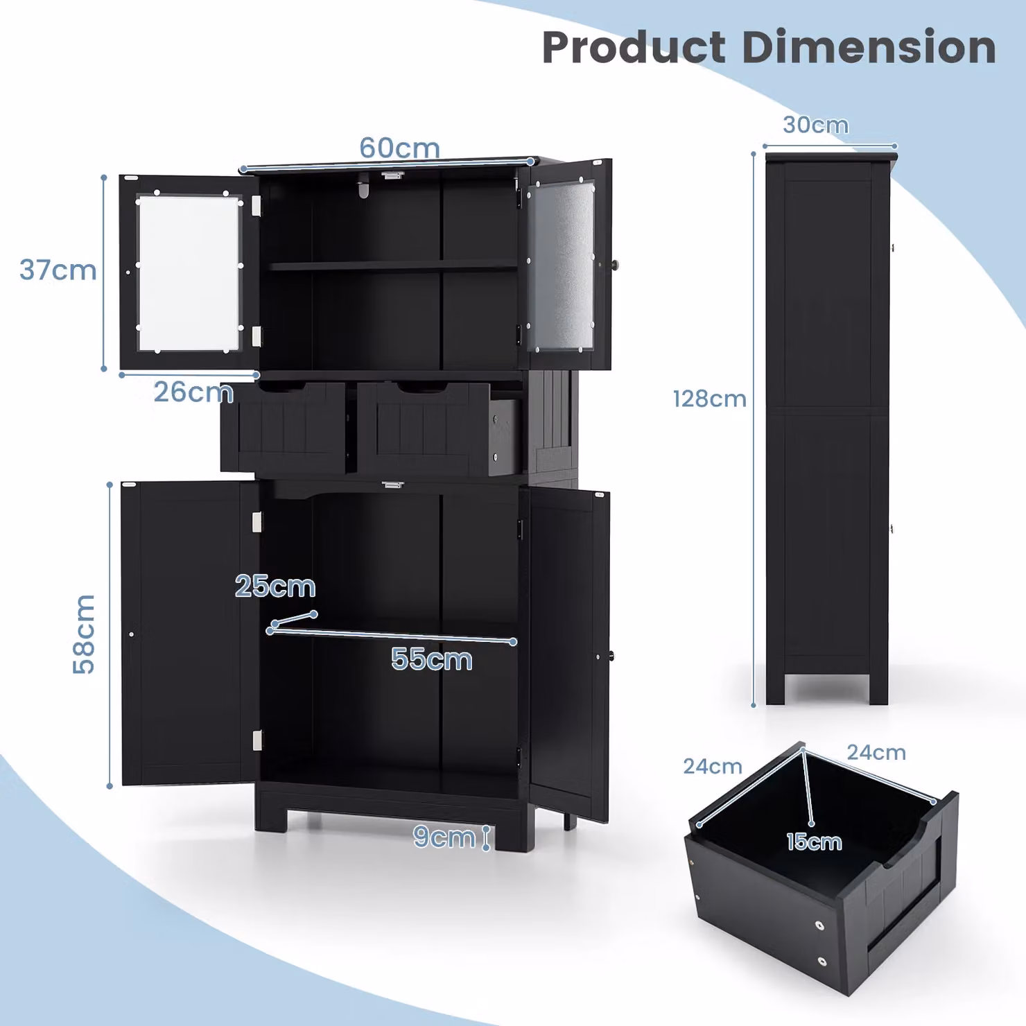Costway Tall Freestanding Bathroom Storage Cabinet with Hinged Doors and Internal Drawers in Black – 2