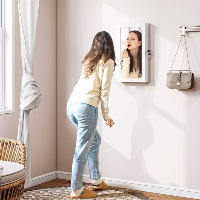 HOMCOM Modern Wall-Mounted Jewelry Cabinet with Mirror and Lock, White and Beige