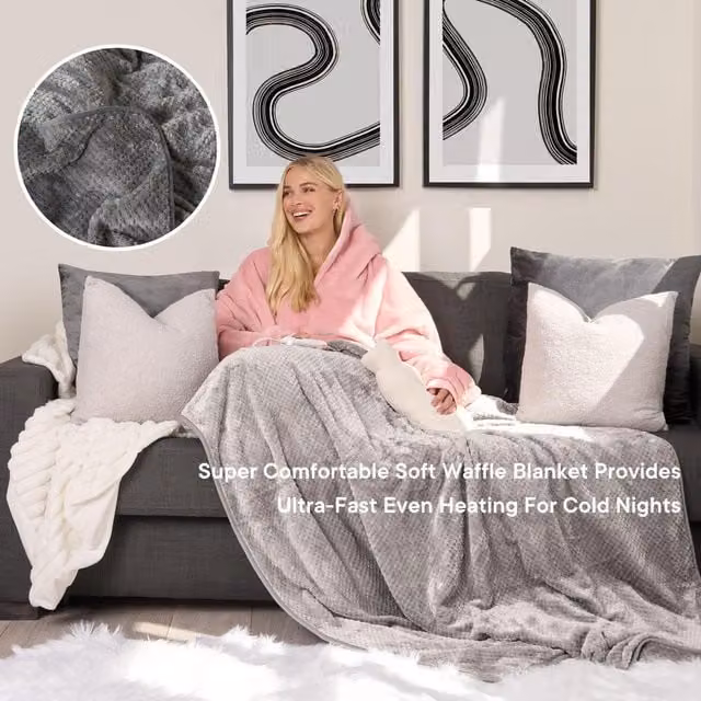 OHS Waffle Fleece Electric Heated Blanket in Grey