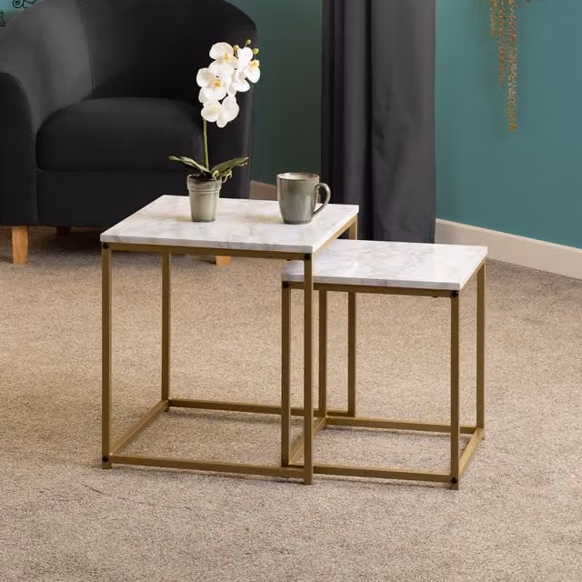 Seconique Dallas Nest Of Tables in White and Gold with Marble Tops