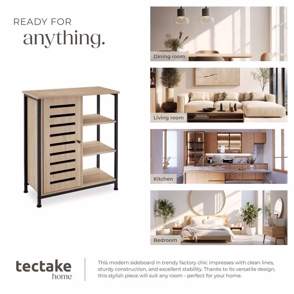 tectake Industrial Sideboard with 3 Open Shelves in Light Oak and Black – 6
