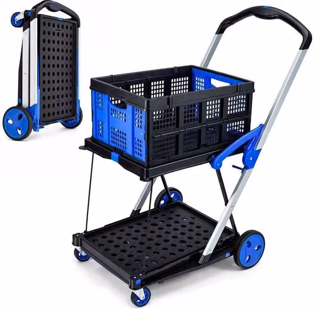 SPETLEK Folding Shopping Trolley Cart with Collapsible 2-Tier Platform, Blue, W: 40 cm, D: 40 cm, H: 108 cm