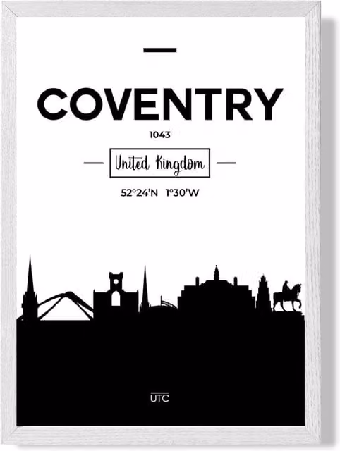 ARTZE Coventry Black and White City Skyline Framed Print with White Frame, A2