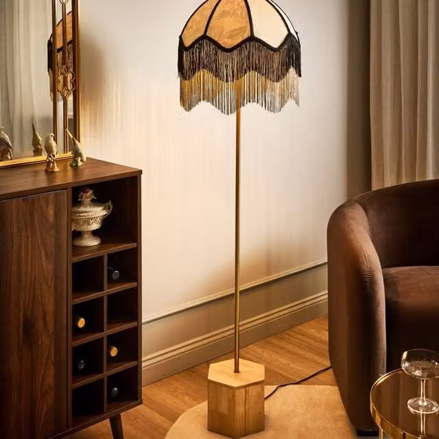 Wyld and Coco Retro Floor Lamp with Natural Beige Fabric Drum Shade and Wood Base, Height: 150 cm