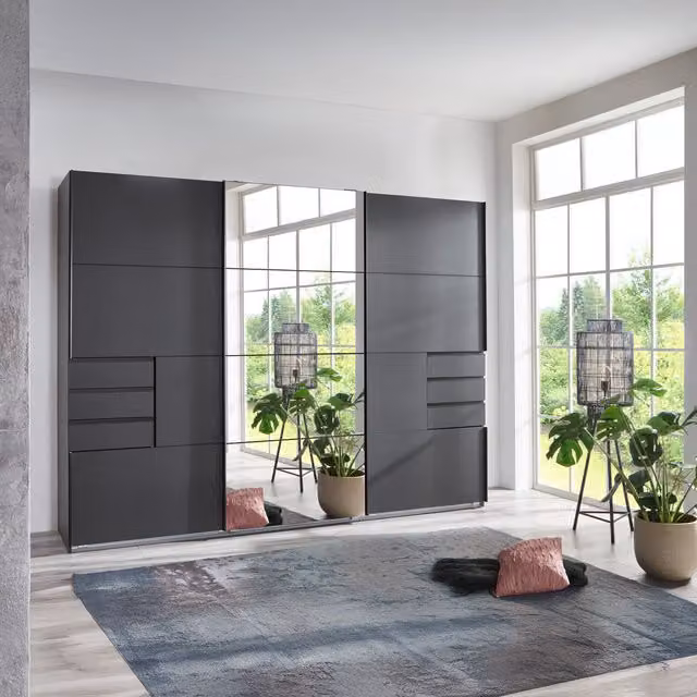 Tjs Modern Three Door Sliding Wardrobe in Anthracite Grey with Mirror and Internal Storage, H 270 cm
