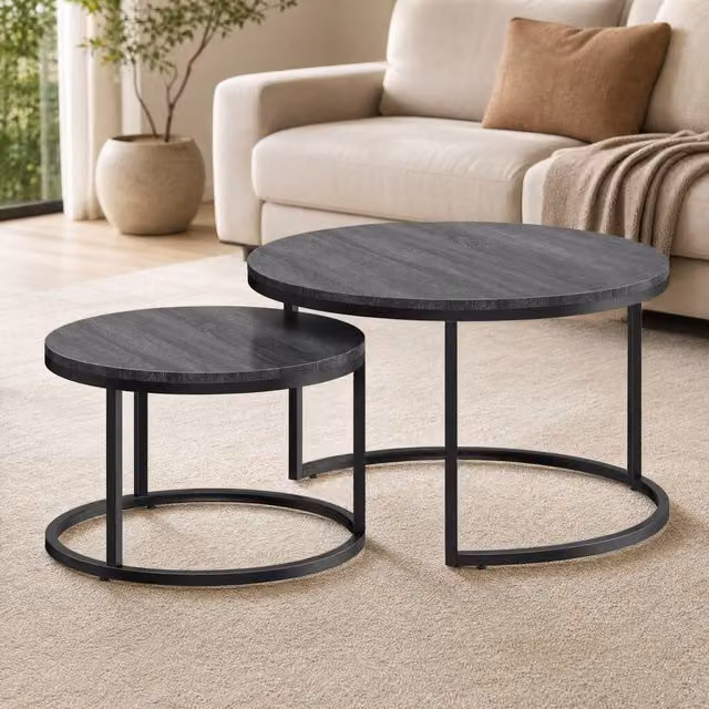 STILVORA Set of 2 Round Nesting Coffee Tables with Black Steel Frame and MDF Tops
