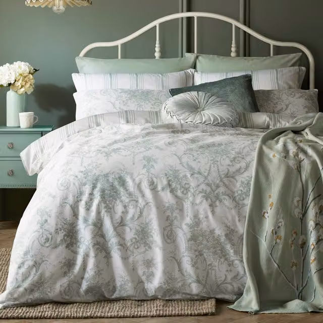 Laura Ashley Tuileries Reversible Striped Cotton Duvet Cover and Pillowcase Set in Green