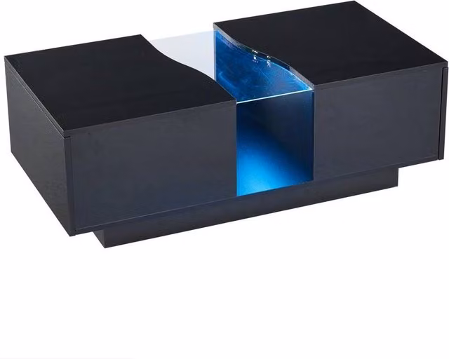 PAWNORA Black Glossy Modern Coffee Table with 2 Drawers and Rotating Top