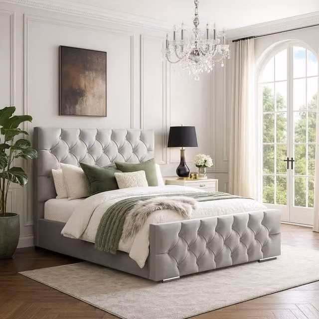 Desire Deco Chesterfield Upholstered Velvet Bed Frame in Silver Grey, W/D/H: 90 x 190 cm