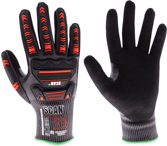 Scan Safety Nitrile Palm Impact Cut D Gloves, Black and Multicolour, Size: Large