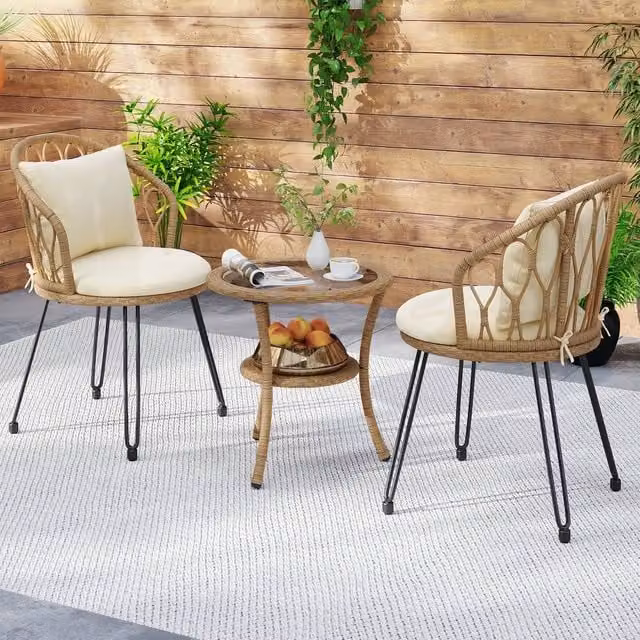 Costway 3 Piece PE Wicker Patio Bistro Set with Beige Upholstered Cushions and Coffee Table – 1
