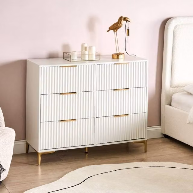 Wyld and Coco White Six-Drawer Chest with Fluted Fronts and Gold Handles