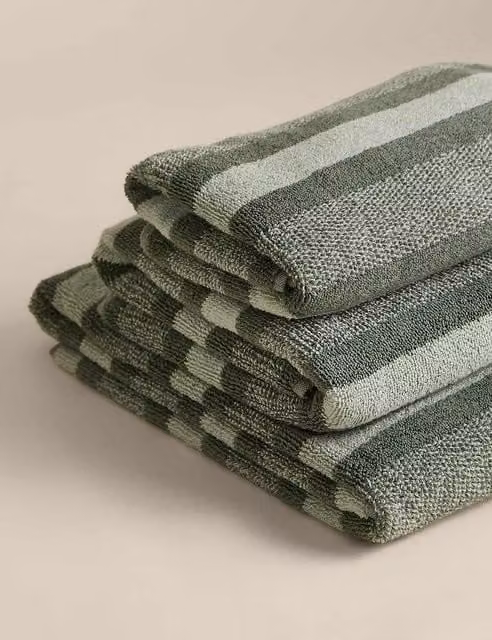 M&S Pure Cotton Marl Striped Towel in Smokey Green
