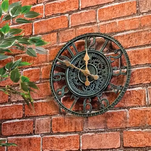 mysmartbuy Vintage Open Face Indoor or Outdoor Skeleton Wall Clock with Cog and Wheel Design, Green or Bronze, Diameter: 30 cm