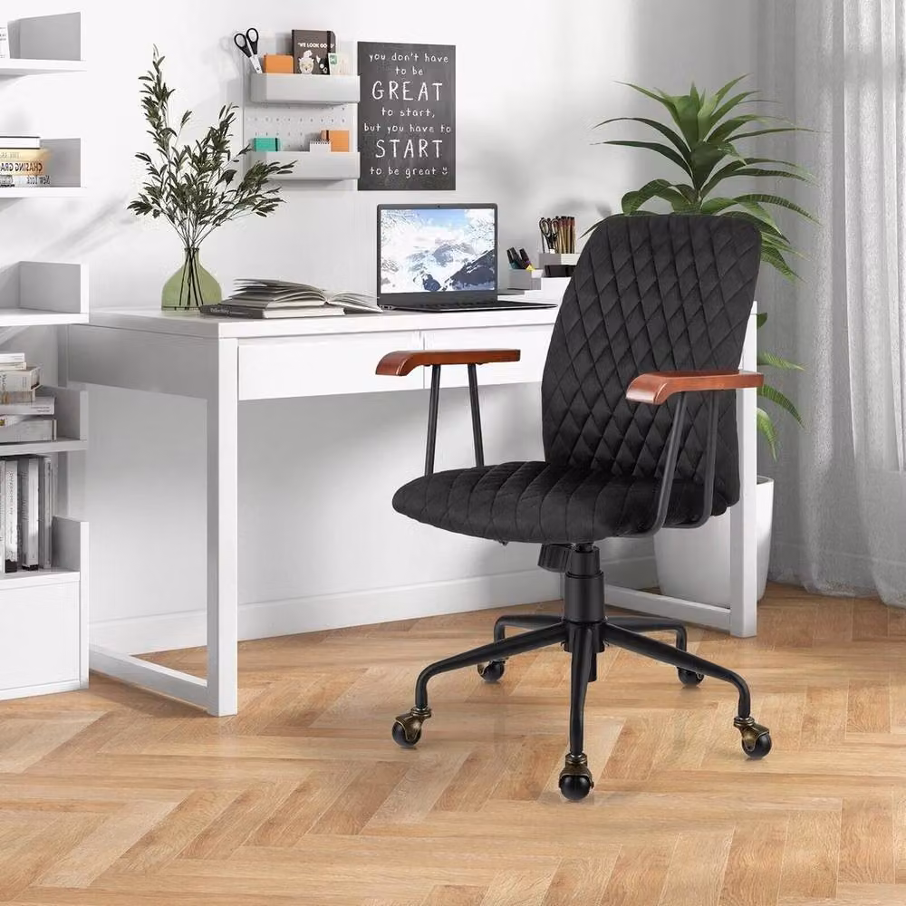 Kelvenix Ergonomic Velvet Swivel Office Chair in Black with Retro Wood Design – 4