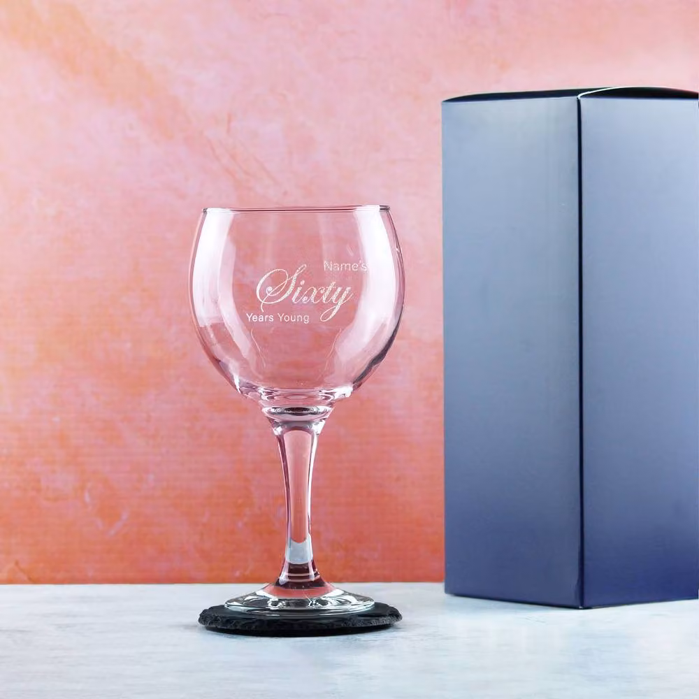 Uniqueful Personalised Engraved 60th Birthday Cubata Gin Cocktail Glass in Clear with Silver Finish – 2