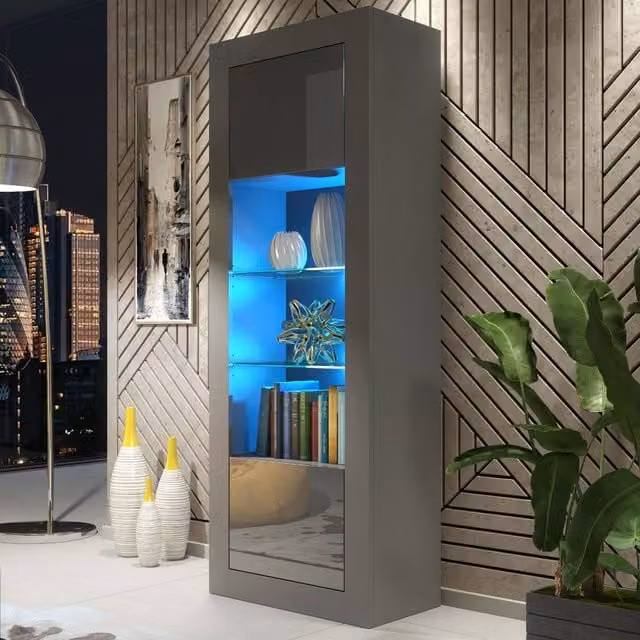 Mex Furniture LTD Illume Display Cabinet, Dark Grey Glossy Finish with LED Lighting and Glass Doors, H 170 cm x W 63 cm x D 35 cm – 1