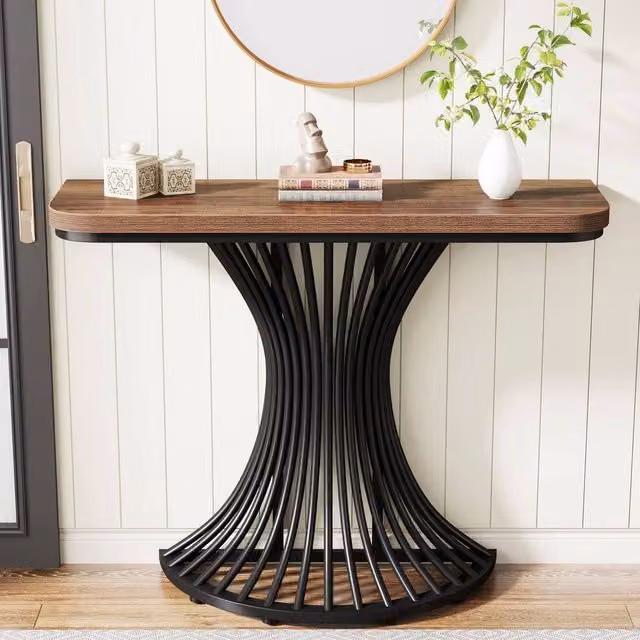 VOGREX Industrial Console Table with Metal Base and Wood Top in Brown, W/D/H: 100 x 30 x 30 cm