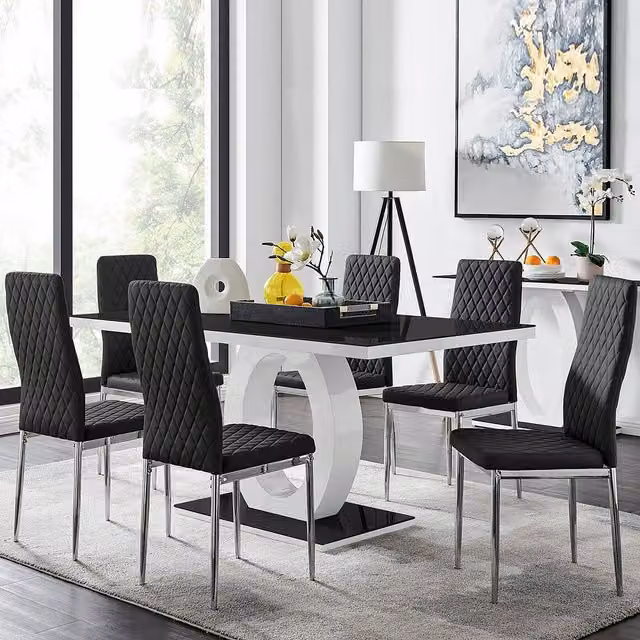 FurnitureboxUK Giovani Rectangular Dining Table and 6 Milan Chairs Set in White High Gloss and Black Glass – 1