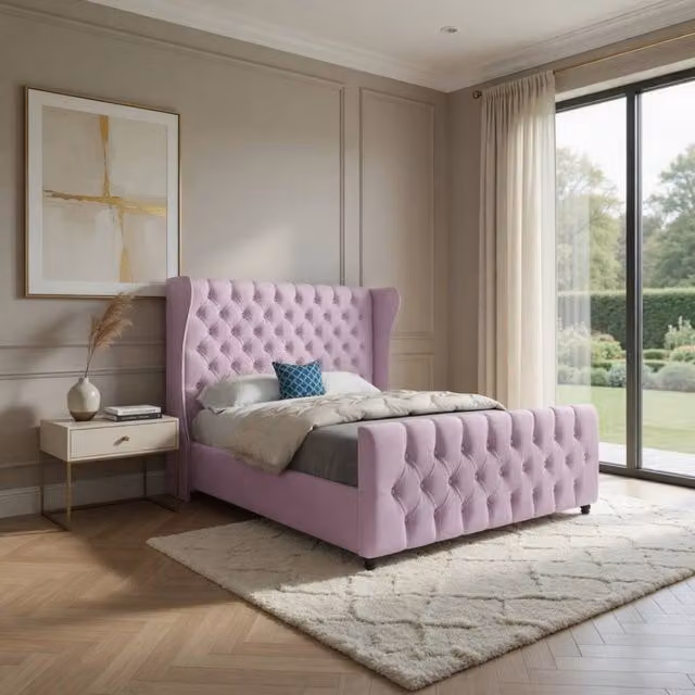 KDMD Kilburn Double Upholstered Designer Bed Frame in Pink Soft Velvet, W/D/H: 140 x 200 cm