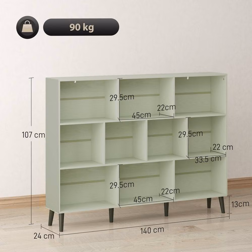 HOMCOM Minimalist Bookshelf with 10 Cubbies and Wood Legs in Light Green – 3