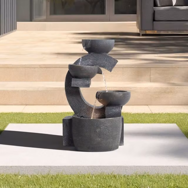 Livingandhome Grey Resin Cascade Water Feature Modern Freestanding Outdoor Fountain Statue