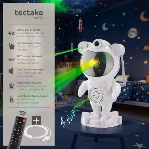 tectake Astronaut Galaxy Projector in White with 4 LED Nebulae Colours, Moon and Star Effects, Bluetooth Connection and Pre-Set Sounds, W/D/H: 23.5 x 12.0 x 11.5 cm – 2