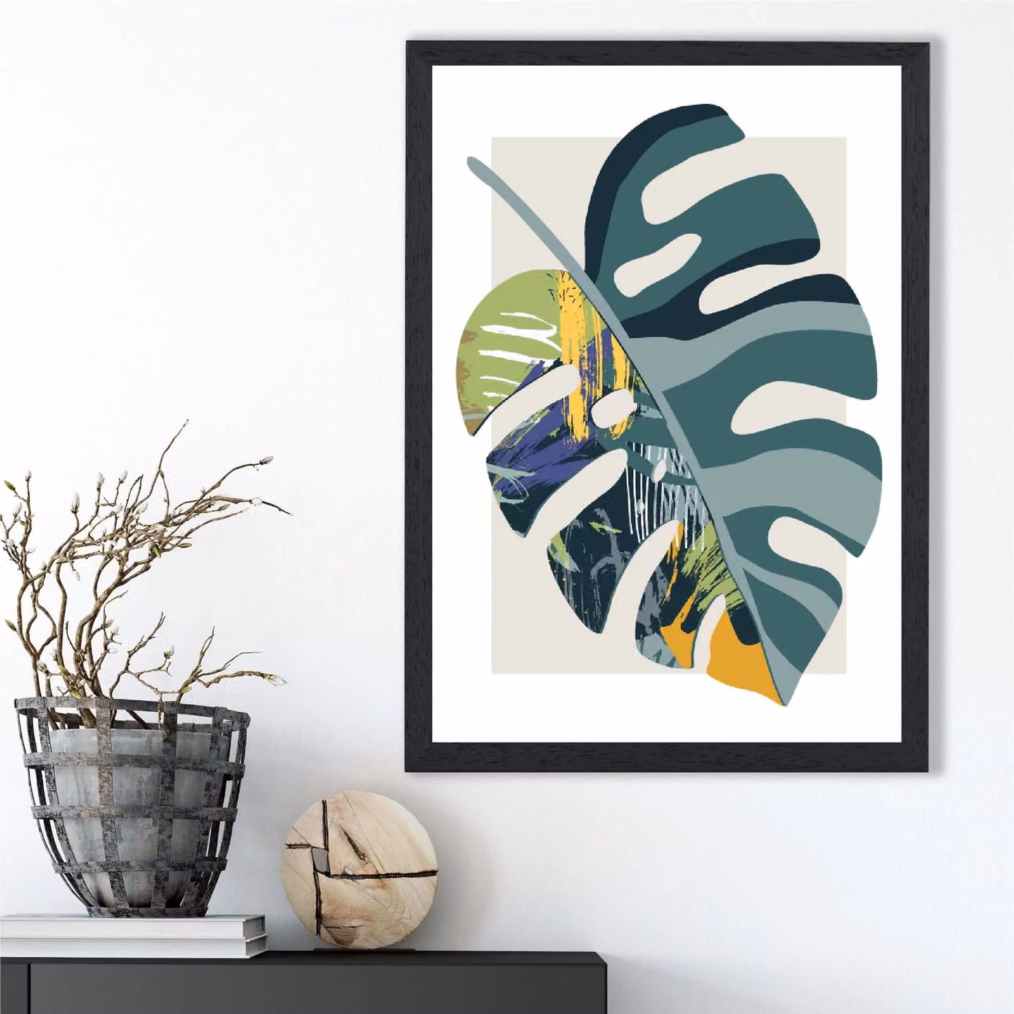 ARTZE Monstera Mid Century Modern Botanical Framed Print in Petrol, Green and Black, A4 – 2
