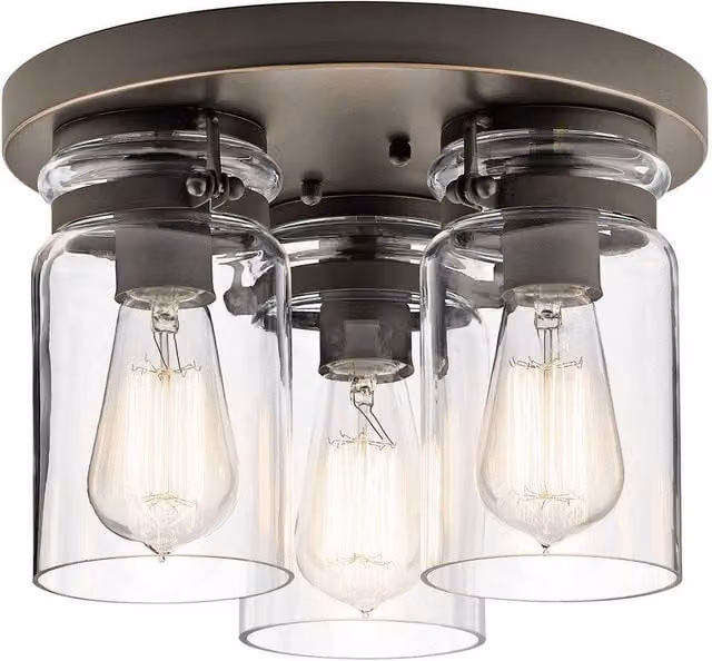 Elstead Modern 3 Light Cylinder Flush Mount Ceiling Light in Silver and Grey with Transparent Glass and E27 Fitting