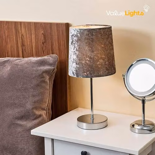 ValueLights Set of 2 Modern Polished Chrome Table Lamps with Silver Fabric Shades – 2
