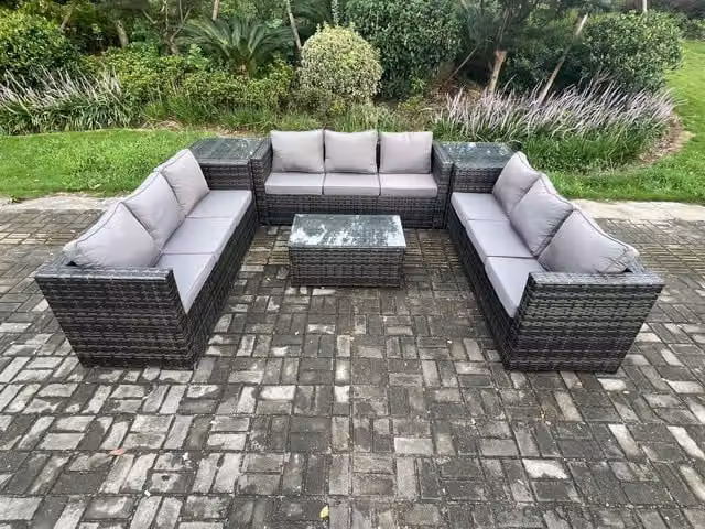 Fimous 9 Seater Outdoor Lounge Sofa Set in Dark Grey Mixed PE Rattan with Oblong Coffee Table and 2 Side Tables