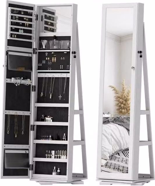 Pirlo Plush Modern Full Length Freestanding Mirror with Internal Shelves and Lock, White, H 160 cm x W 38 cm x D 20 cm – 1