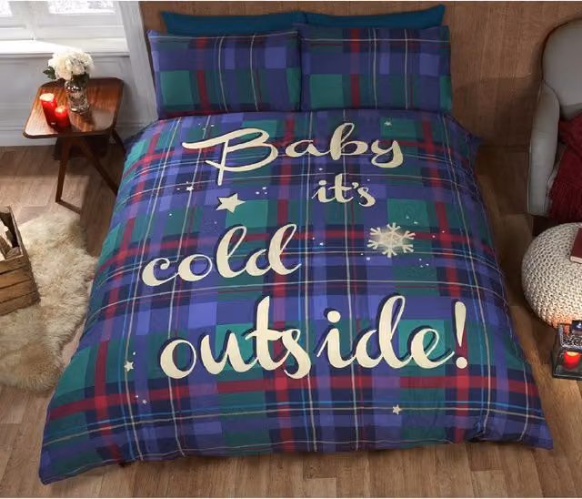 Rapport Home Baby Its Cold Outside Blue Checked Christmas Duvet Set with Pillowcase, W/D/H: 135 x 200 cm and 50 x 75 cm