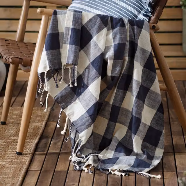 Make It A Home Chesil Check Tasselled Cotton Throw in Navy Blue