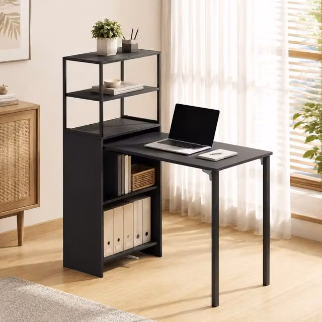 STILVORA Black Folding Desk with 4-Tier Storage