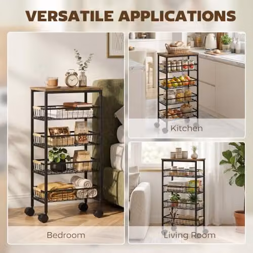 HOMCOM 4-Tier Metal and MDF Storage Trolley with Pull-Out Baskets in Rustic Brown, H 81.5 x W 40.0 x D 24.0 cm – 6