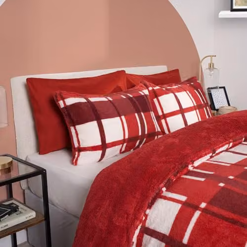 OHS Red Checked Teddy Fleece Single Duvet Cover and Pillowcase Set, W/D/H: 135 x 200 cm and 50 x 75 cm – 2