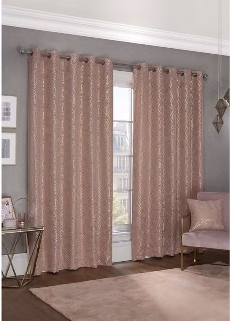 NewEdgeBlinds Element Geometric Woven Thermal Blackout Eyelet Curtains in Pink, W: 137 cm, H: 168 cm