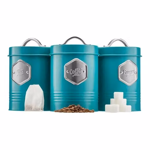 Cooks Professional 3-Piece Tea, Coffee and Sugar Storage Canister Set in Petrol with Silver Labels – 3