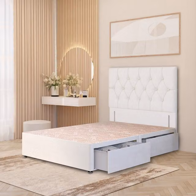 Somnior Beds Ltd Chesterfield Velvet Divan Bed Base with Drawers and Floor Standing Headboard, White, W/D: 90 x 190 cm