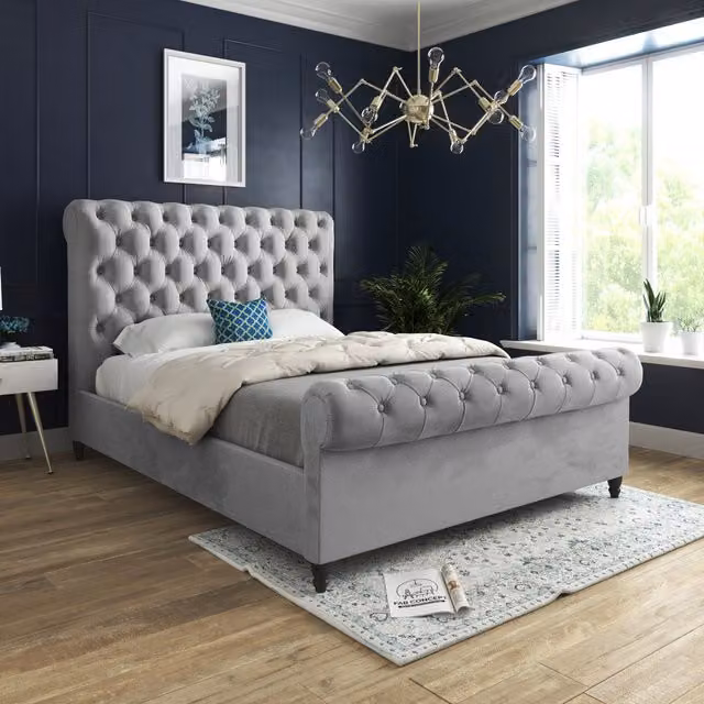 Venezia Sleigh Velvet Upholstered Bed Frame in Grey, Single (90 x 200 cm)