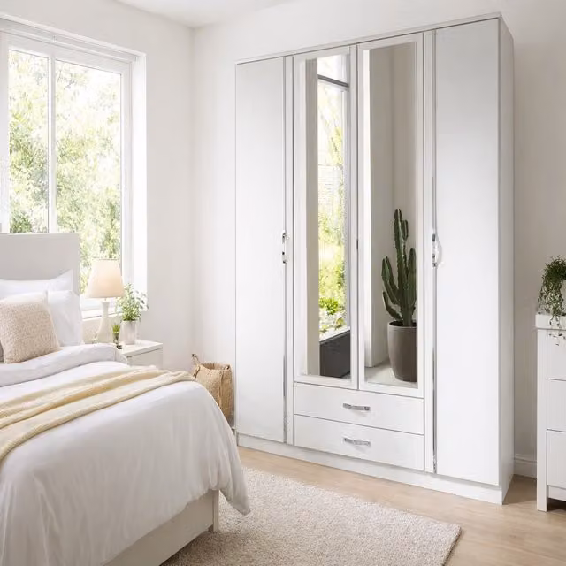 Duo 078453 White Modern 4 Door 2 Drawer Freestanding Wardrobe with Mirror and LED Lighting