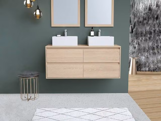 MILIPAM Scandinavian Suspended Bathroom Furniture with Double Washbasin in Light Oak, W: 120 cm, D: 45 cm, H: 50 cm