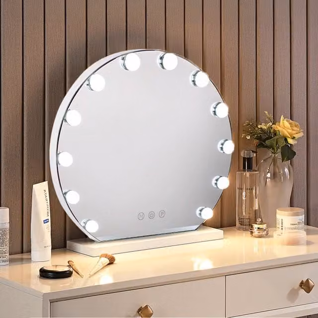 Livingandhome Adjustable Round Hollywood Tabletop Makeup Mirror in White