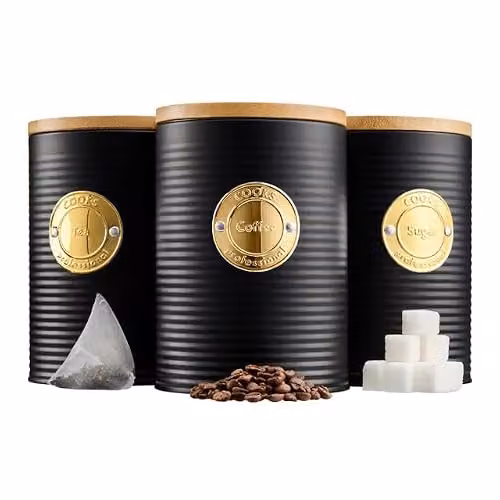 Cooks Professional 5 Piece Ribbed Stainless Steel Kitchen Storage Canister Set with Airtight Bamboo Lids in Black and Gold – 6