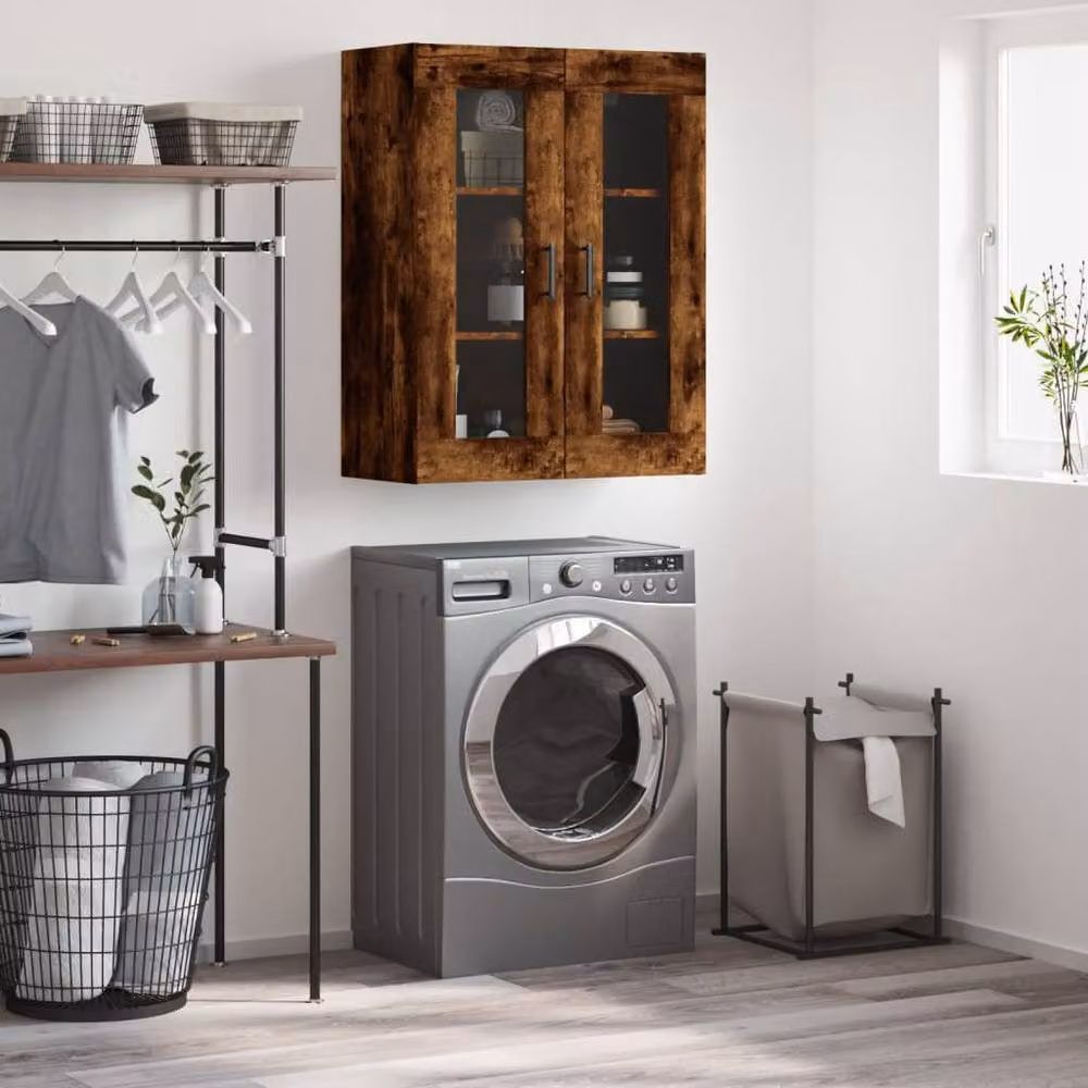 Berkfield Home Wall Mounted Smoked Oak Cabinet with Glass Doors in Brown, W/D/H: 69.5 x 34 x 90 cm – 2
