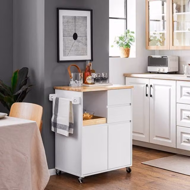 SoBuy Kitchen Trolley with Wood Top and 2 Drawers in White – 1