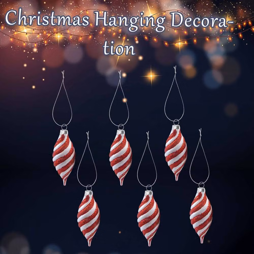 VFM e-Store Christmas Glass Hanging Pendant Decorations in Red and White Striped Geometric Patterns, Pack of 6 – 2