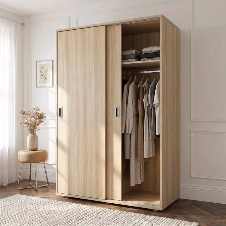 Torvek Brown Scandinavian Style 2 Door Sliding Wardrobe with Internal Shelves and Hanging Rod, W: 120 cm, D: 58 cm, H: 183 cm